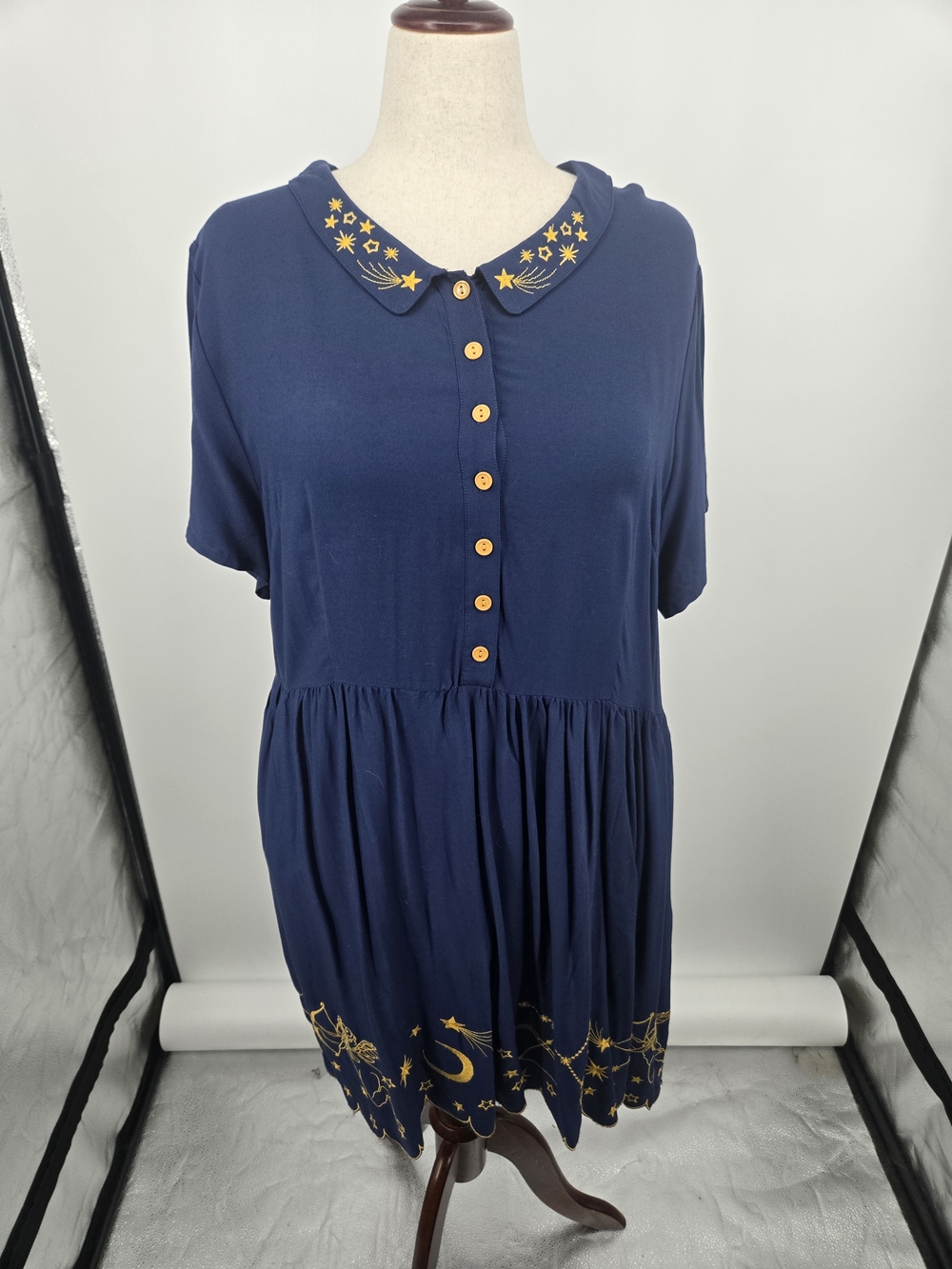 Harkel Star Crossed Lovers Navy Tunic Dress Embroidered Collar Hem US18 NWT 7053